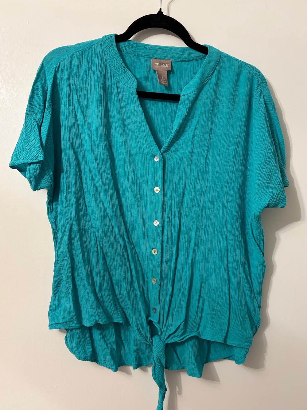 Chico's Teal Tie-Hem Button Front Short Sleeve Top